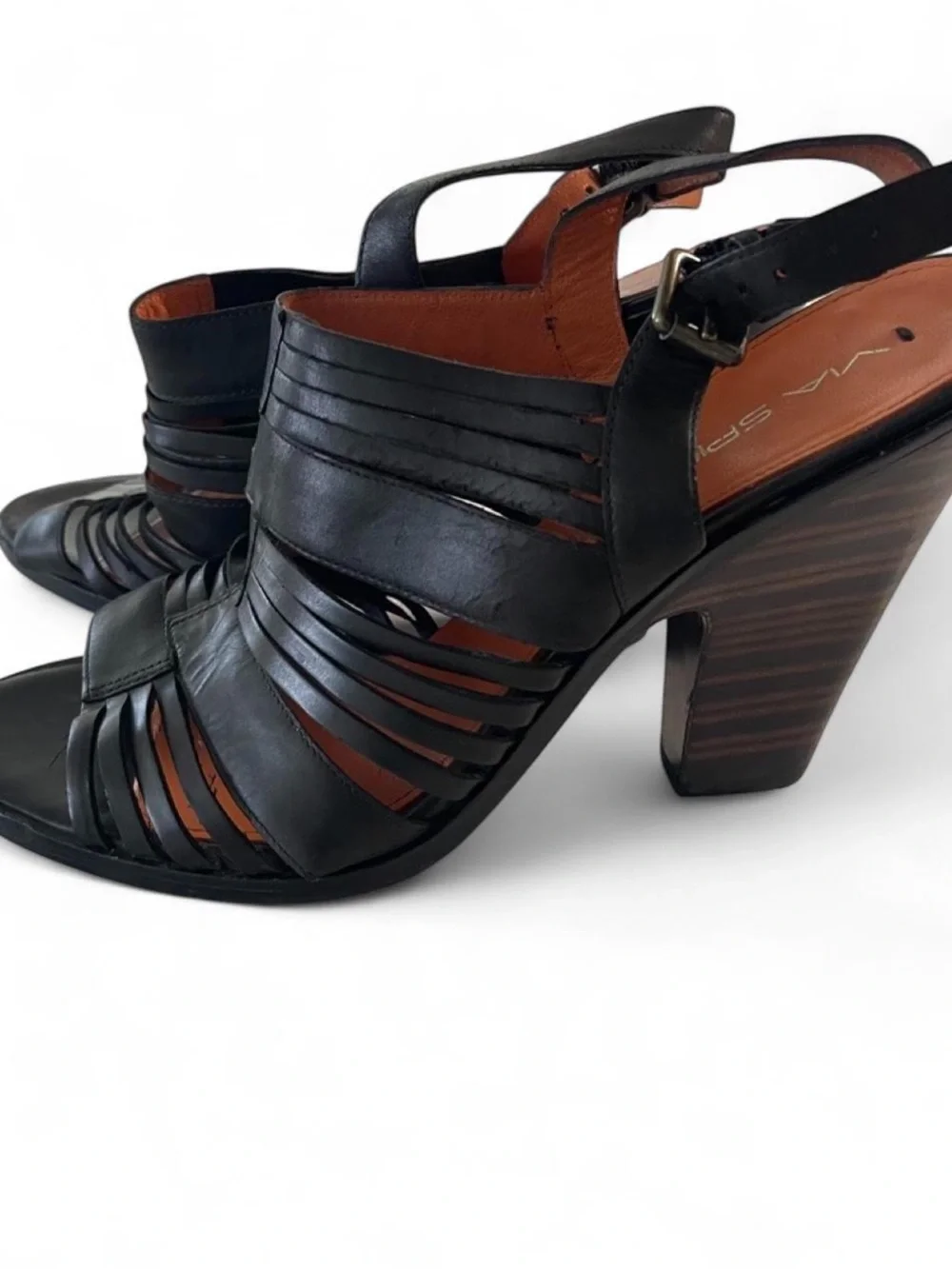 Via Spiga Black Strappy Leather Slingback Sandals